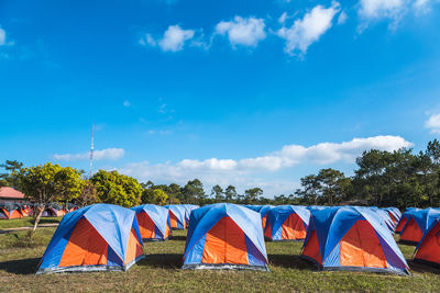 Tents on grass by trees against sky