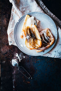 High angle view of breakfast in plate on table