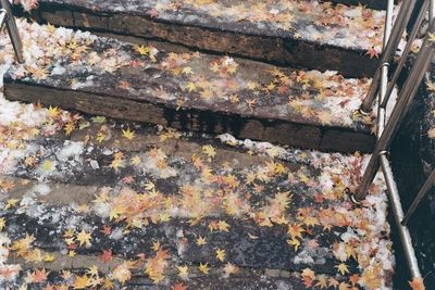 High angle view of rusty metal on wall