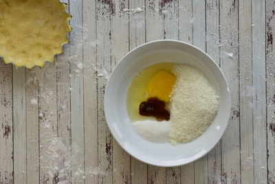 High angle view of breakfast served on table