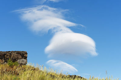 Low angle view of rocks against blue sky