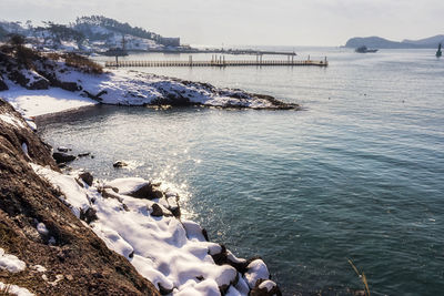 High angle view of sea against sky during winter