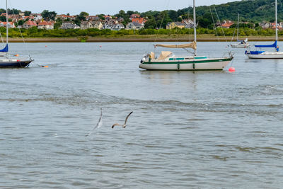 Boats moored in sea against sky