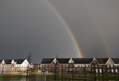 Scenic view of rainbow over buildings against sky