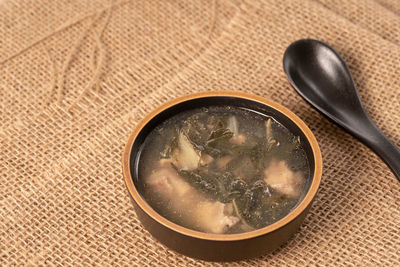 High angle view of soup in bowl on table