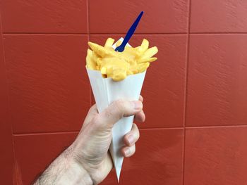 Cropped image of hand holding french fries in cone against tiled wall