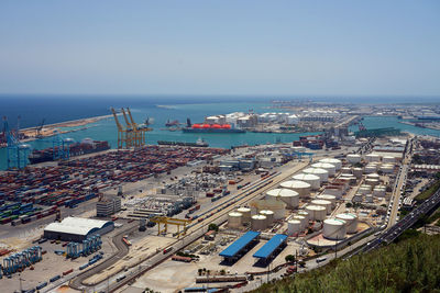 High angle view of harbor against clear sky