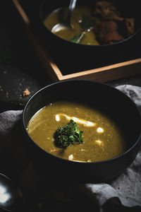 Close-up of soup in bowl on table