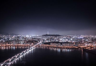 Illuminated buildings in city at night, seoul.