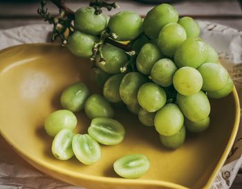 High angle view of grapes in bowl