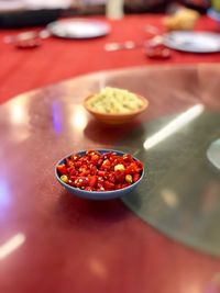 High angle view of fruits in plate on table