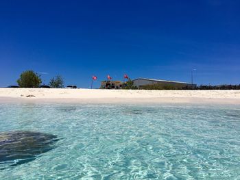 Scenic view of sea against clear blue sky