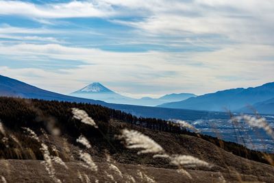 Scenic view of snowcapped mountains against sky