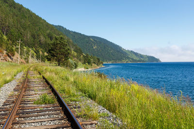 Scenic view of railroad tracks by mountains against sky
