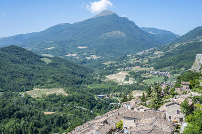 High angle view of civitella del tronto and the mountains of the flowers