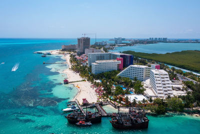 Aerial view of jolly roger pirate ship in cancun