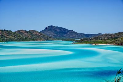 Scenic view of sea against clear blue sky