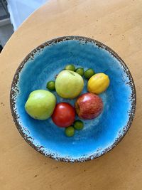 High angle view of fruits in bowl on table