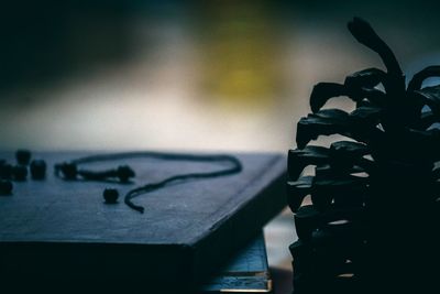 Close-up of text on book and table