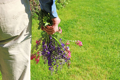 Rear view of people holding purple flowering plants