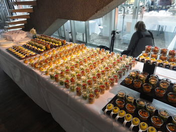 High angle view of food for sale at night