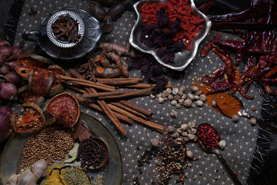 High angle view of candies in container