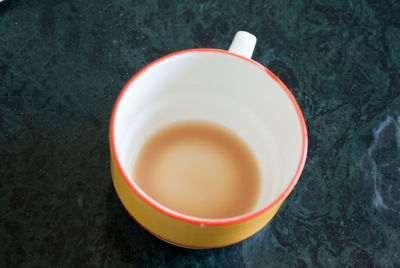 High angle view of leftover tea in cup on table