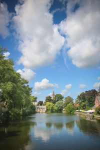 View of buildings by river against cloudy sky