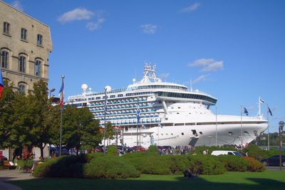 Buildings against blue sky and clouds