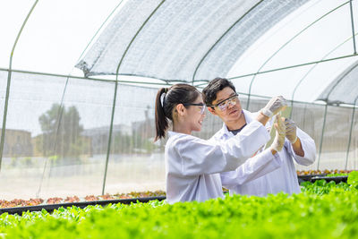 Young botanist examining plants in greenhouse