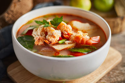 Close-up of soup in bowl on table