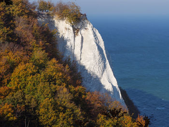 High angle view of trees by sea against sky