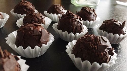 High angle view of cupcakes on table