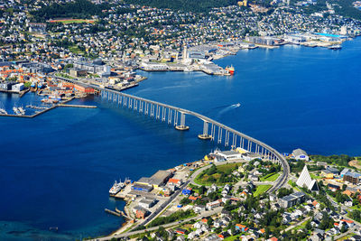 High angle view of boats moored at harbor