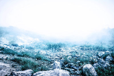 Scenic view of landscape during foggy weather