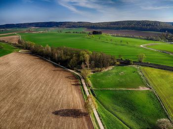 Scenic view of farm against sky