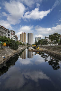 Reflection of buildings in city against sky