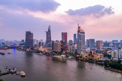 River and cityscape during sunset