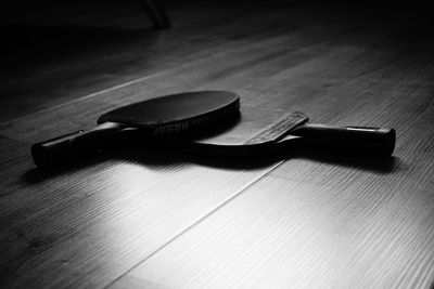 High angle view of piano on hardwood floor