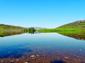 Scenic view of lake against clear blue sky