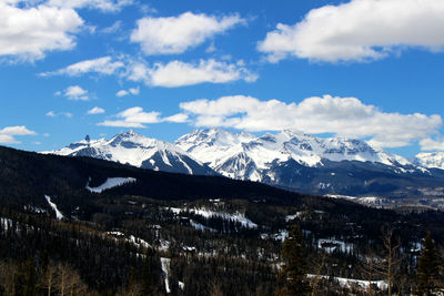 Scenic view of snow covered mountains against sky