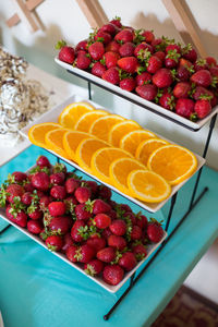 High angle view of fruits on table