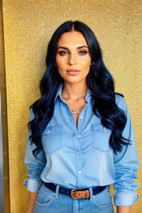 Portrait of young woman standing against yellow wall