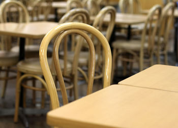 Close-up of empty chairs on table