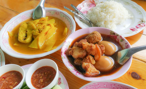 High angle view of meal served on table