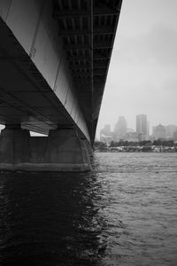 Bridge over river by buildings in city against sky