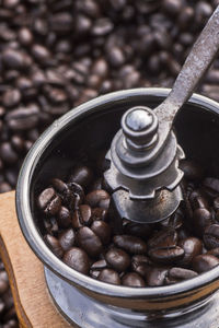 High angle view of coffee beans in container