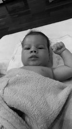 High angle portrait of newborn baby on bed