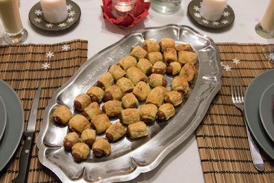 High angle view of food in plate on table