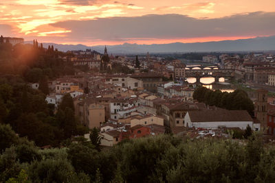 High angle view of townscape against sky at sunset